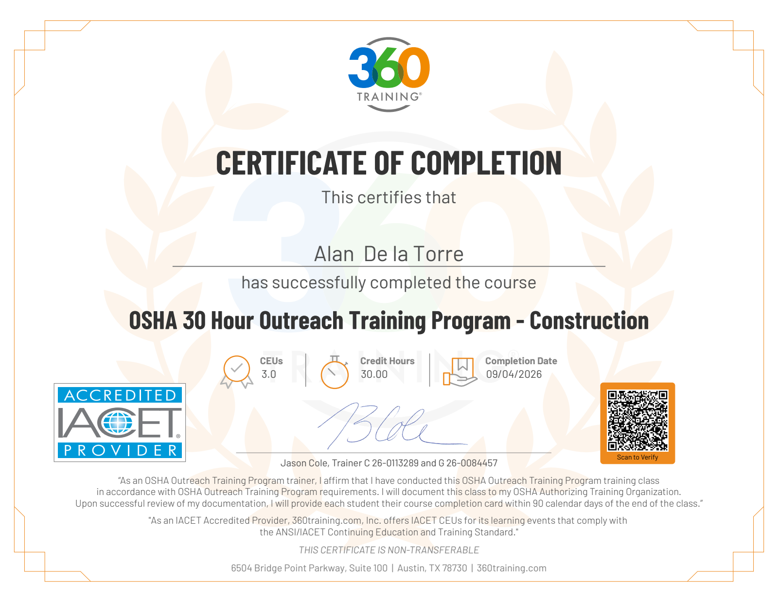 OSHA 30-Hour Outreach Training Program &mdash; Construction certificate of completion issued to Alan De la Torre by 360training.com